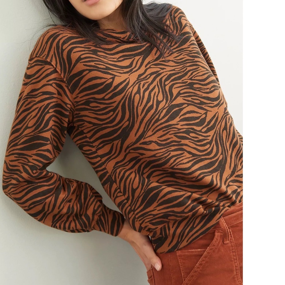 Monrow Zebra Full Sleeve Sweatshirt Caramel Brown Black XS NWT